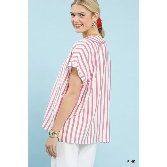Umgee Mixed Stripe Split Neck Oversized Blouse - Picture 3 of 5